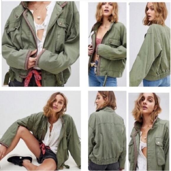 Free People Flight Line Oversized Military Red Bomber Jacket Size XS Embroidered - Picture 1 of 16